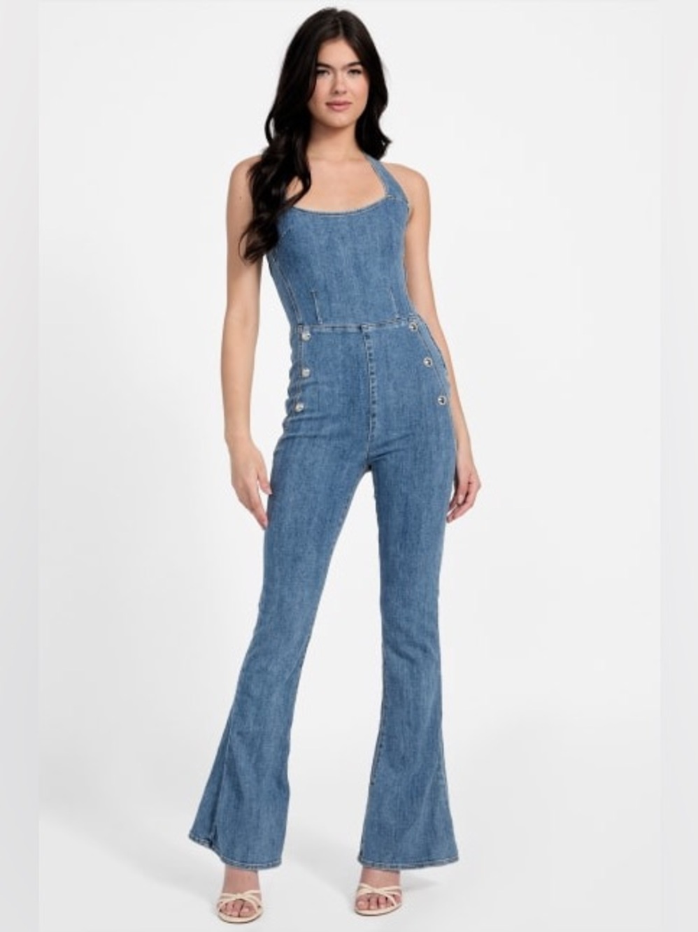 New Guess Blue Blair Halter Denim Jumpsuit Sz S